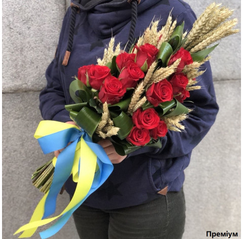 Букет для покладання з трояндами та колосками 4 доставка квітів