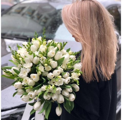 Bouquet White tulips and freesias 1 Flower delivery